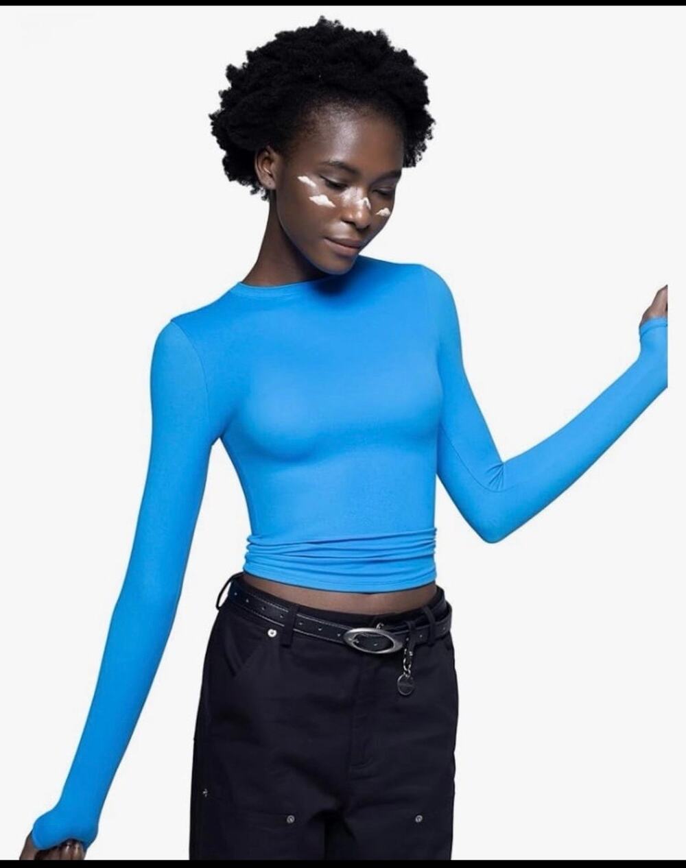 Pumiey Vibrant Blue Tight Long Sleeve buttery soft top- Blue XS